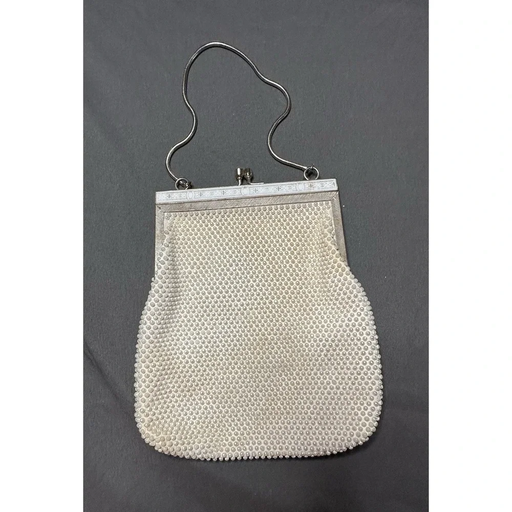 Vintage Hand Made in Hong Kong Mid Century Beaded Purse Ivory Clutch 1950s 1960s
